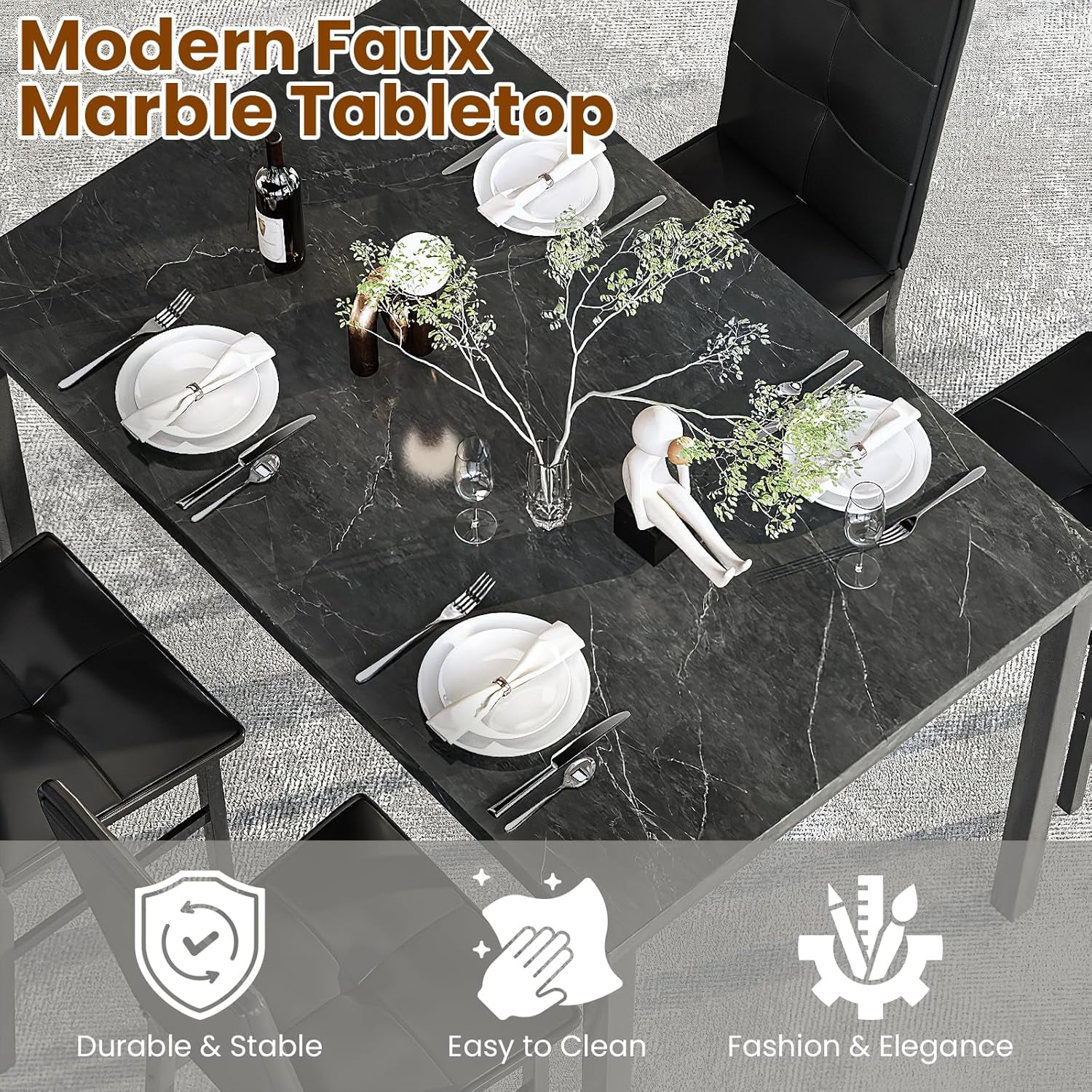 LinkRomat Dining Table Set for 4, Modern Faux Marble Tabletop and 4 PU Leather Upholstered Chairs, Kitchen Table and Chairs for Dining Room Breakfast Nook, Black