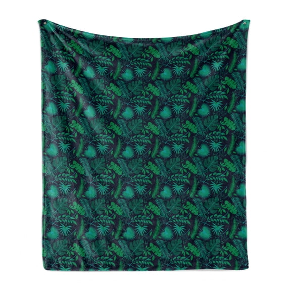 Tropical Soft Flannel Fleece Throw Blanket, Leaves Hibiscus Plumeria Jungle Trees, Cozy Plush for Indoor and Outdoor Use, 50" x 60", Indigo Jade Green, by Ambesonne