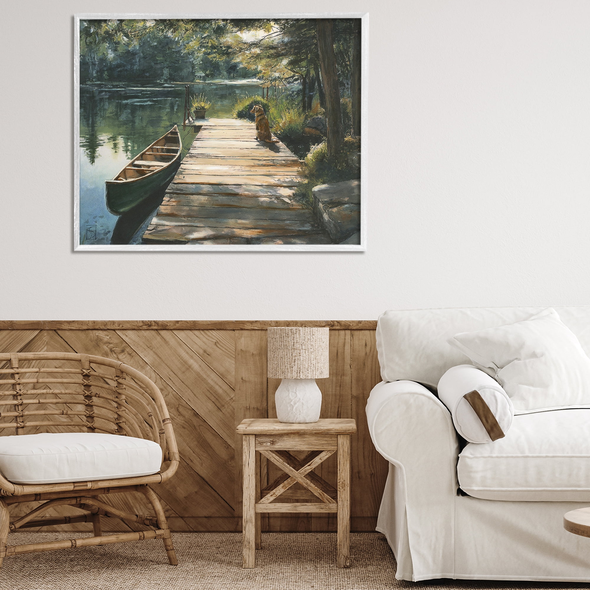 Lake Life Dog on Dock White Framed Giclee Art, design by Sara Culpepper