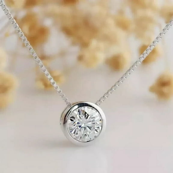 Women's 1Ct Round Cut Natural Moissanite Diamond Pendant in 14K White Gold Plated