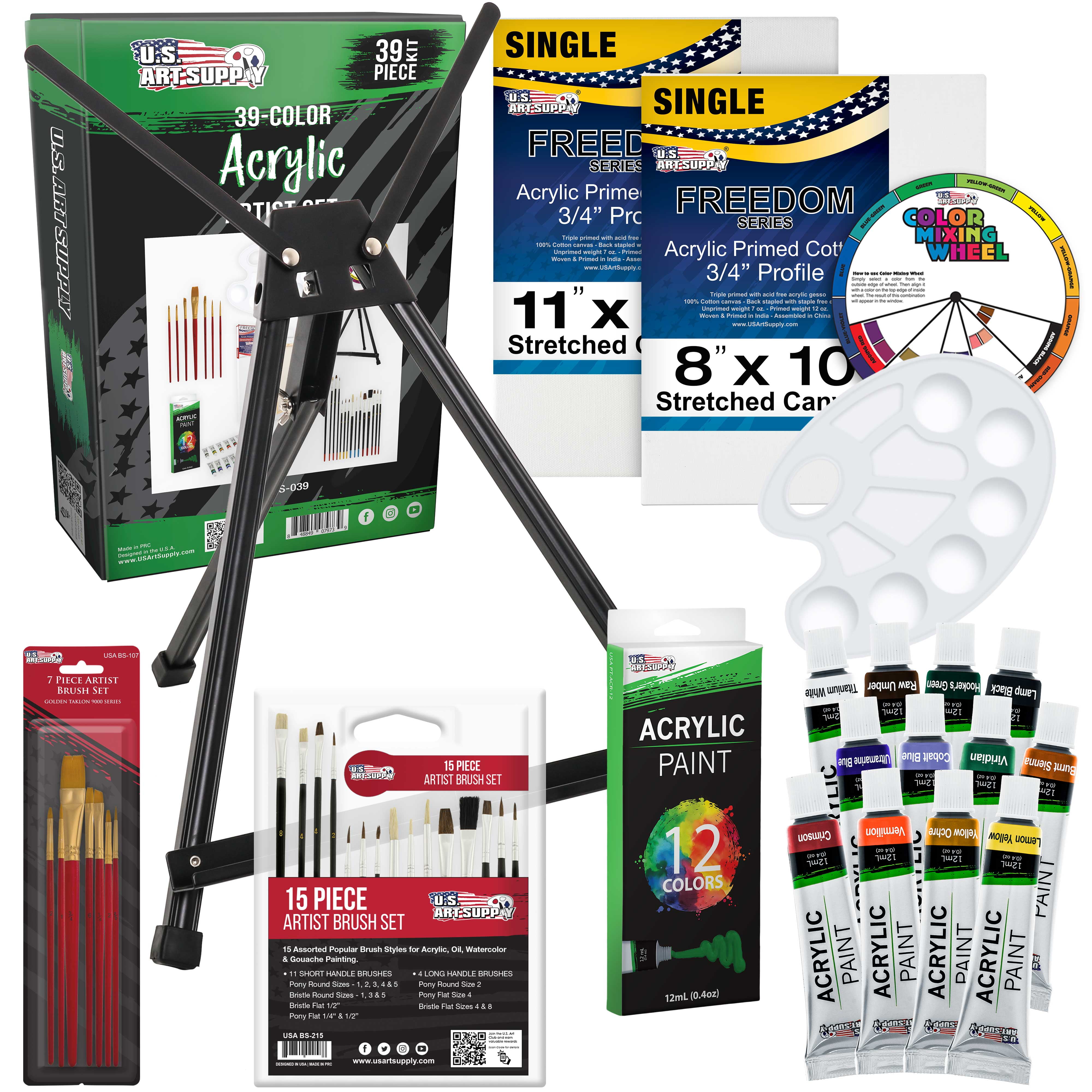 U.S. Art Supply 39-Piece Complete Artist Painting Set with Easel - 12 Vivid Acrylic Paint Colors, 22 Brushes, 2 Stretched Canvas, Painting Palette - Kids, Students, Adults Kit - Color Mixing Wheel
