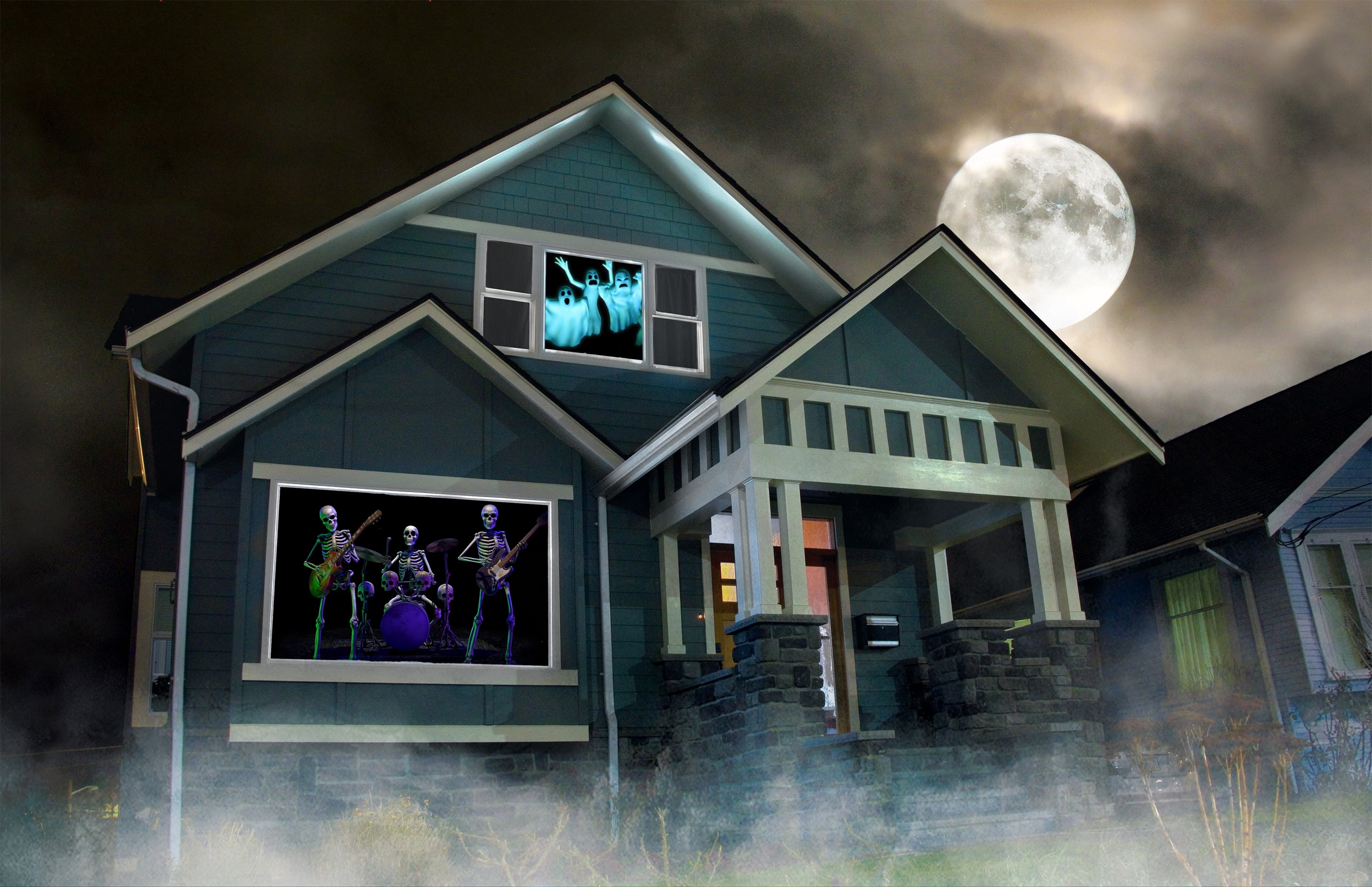 Reaper Brothers Halloween Hollusion Digital Decoration Kit Includes 8 AtmosFX Video Effects for Halloween Plus 5.5' x 9' Holographic Projection Screen