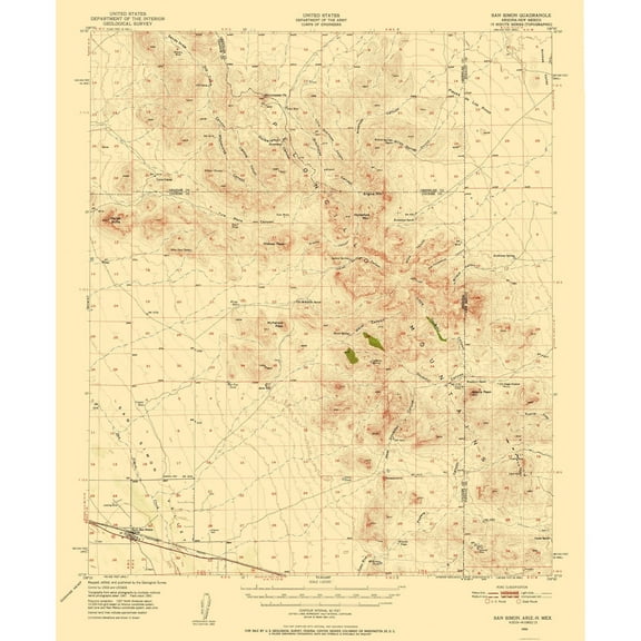 Topographical Map - San Simon Arizona Quad - USGS 1950 - 23 x 27.86 - Vintage Wall Art