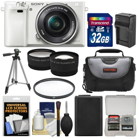 Sony Alpha A6000 Wi-Fi Digital Camera & 16-50mm Lens (White) with 32GB Card + Case + Battery/Charger + Tripod + Filter + Tele/Wide Lens Kit