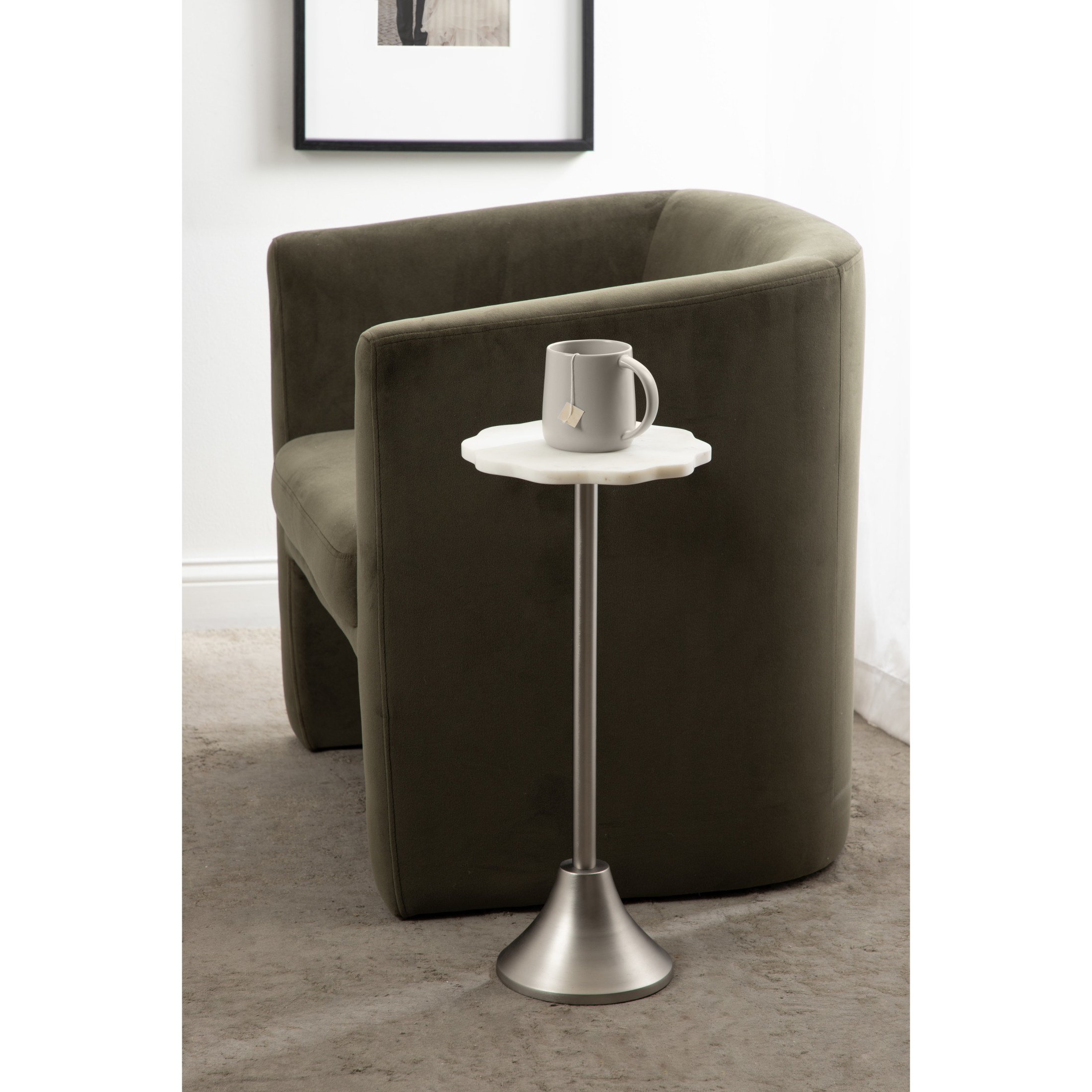 Kate and Laurel Sanzo Modern Pedestal Drink Table, 10 x 10 x 23, White Marble and Silver, Decorative End Table with Scalloped Marble Tabletop for Use as Small Plant Stand or Cute Martini Table