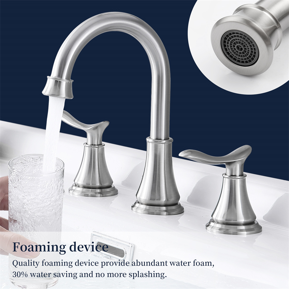 Tcbosik 8 inch Brushed Nickel Bathroom Sink Faucet, 3 Hole 360° Swivel Spout Vanity Sink Basin Faucet, 2-Handle Lavatory Faucet with Pop Up Drain Assembly and Water Supply Hoses