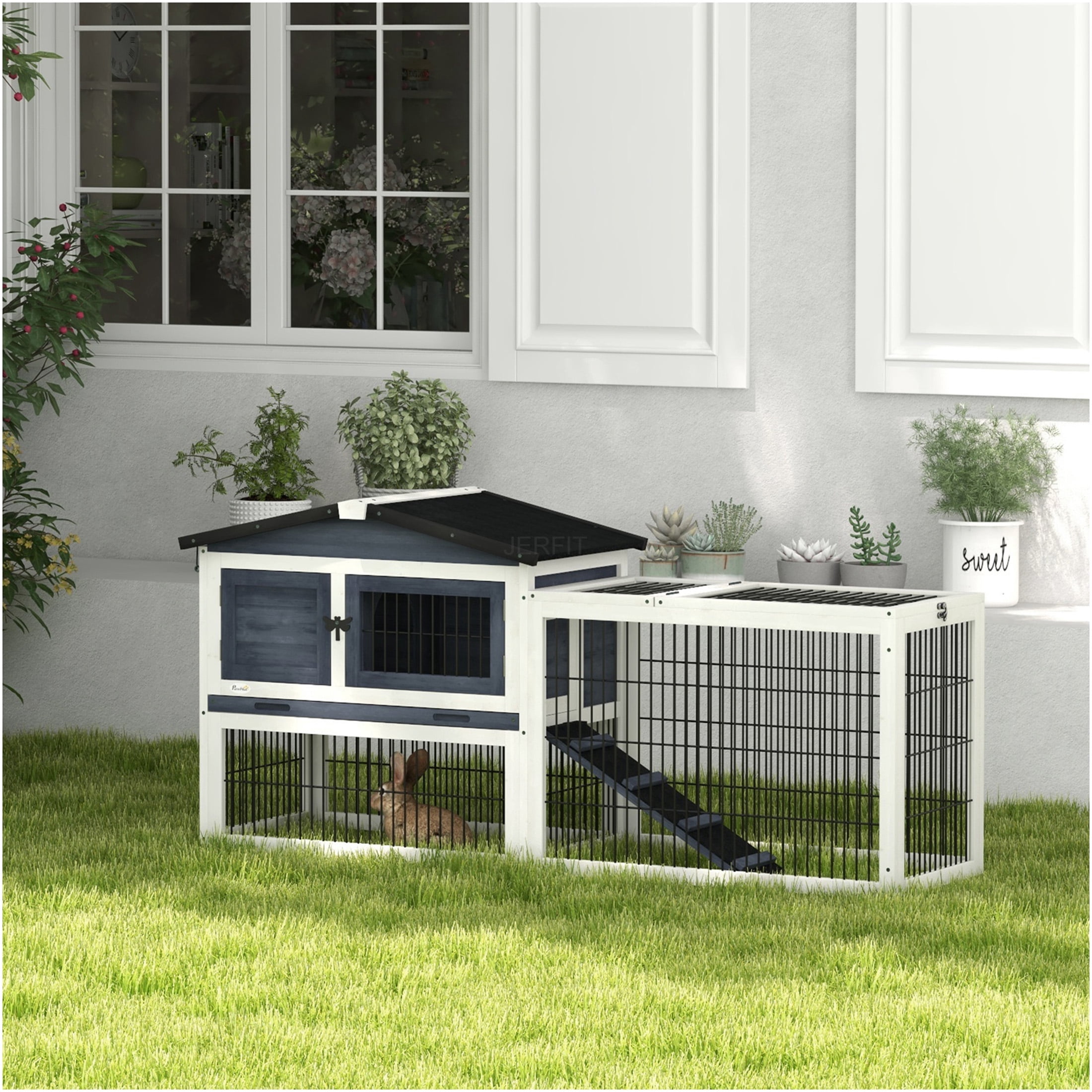 JERFIT 59" Large 2-Tier Outdoor Rabbit Hutch with Weatherproof Asphalt Roof, Removable Tray & Ramp, Gray Wooden Bunny Cage House with Run