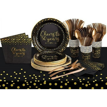 50th Birthday Party Supplies Tableware Serves 24: 9" Paper Plates 7" Plate 9 Oz Cups Napkins Forks Knives Tablecloth 50th Birthday Black & Gold Dot Themed Disposable Dinnerware