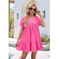 thumbnail image 6 of Women'S Short Sleeve V Neck Ruffle Hem Solid Swing Smock Dress Casual Loose Fit Mini Dress Summer Beach Wear Rose red L, 6 of 9