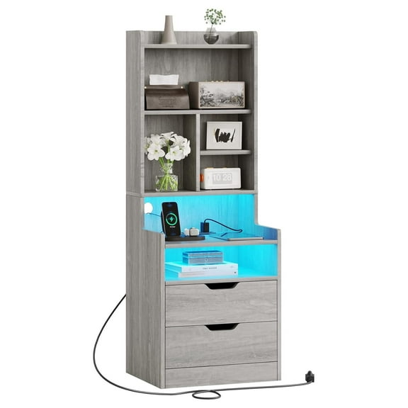 Ditangy Tall Night Stand with Charging Station and LED Lights,Nightstand with Bookshelf,Bedside Table with Drawers & Power Outlets,End Side Table for Bedrooms (Grey)