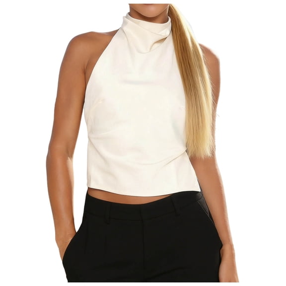 GUACER Womens Crop Tank Tops Fashion Satin High Halter Neck Backless Loose Sleeveless Blouses Party Shirts