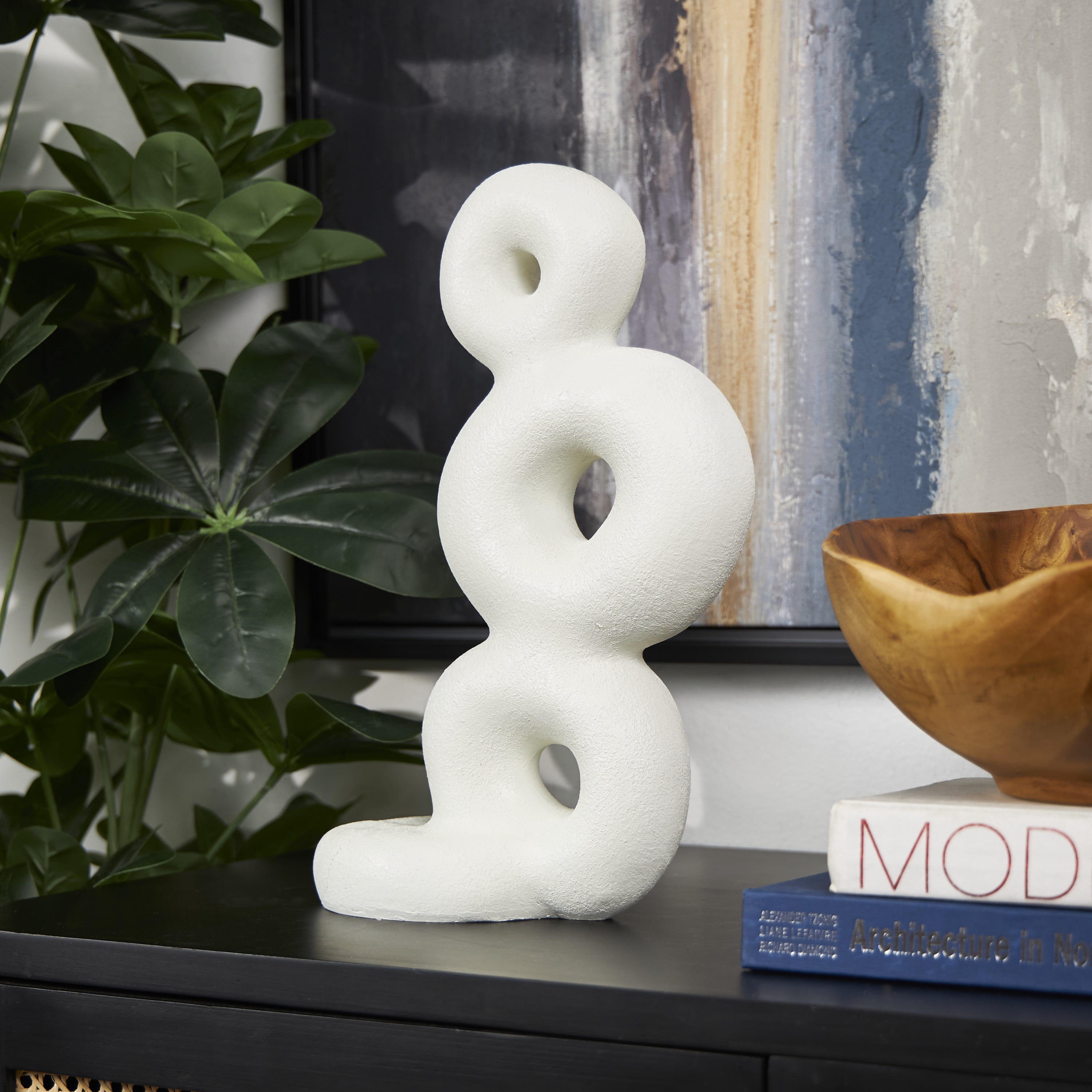 9" x 14" White Resin Stacked Circle Ring Abstract Sculpture, by DecMode
