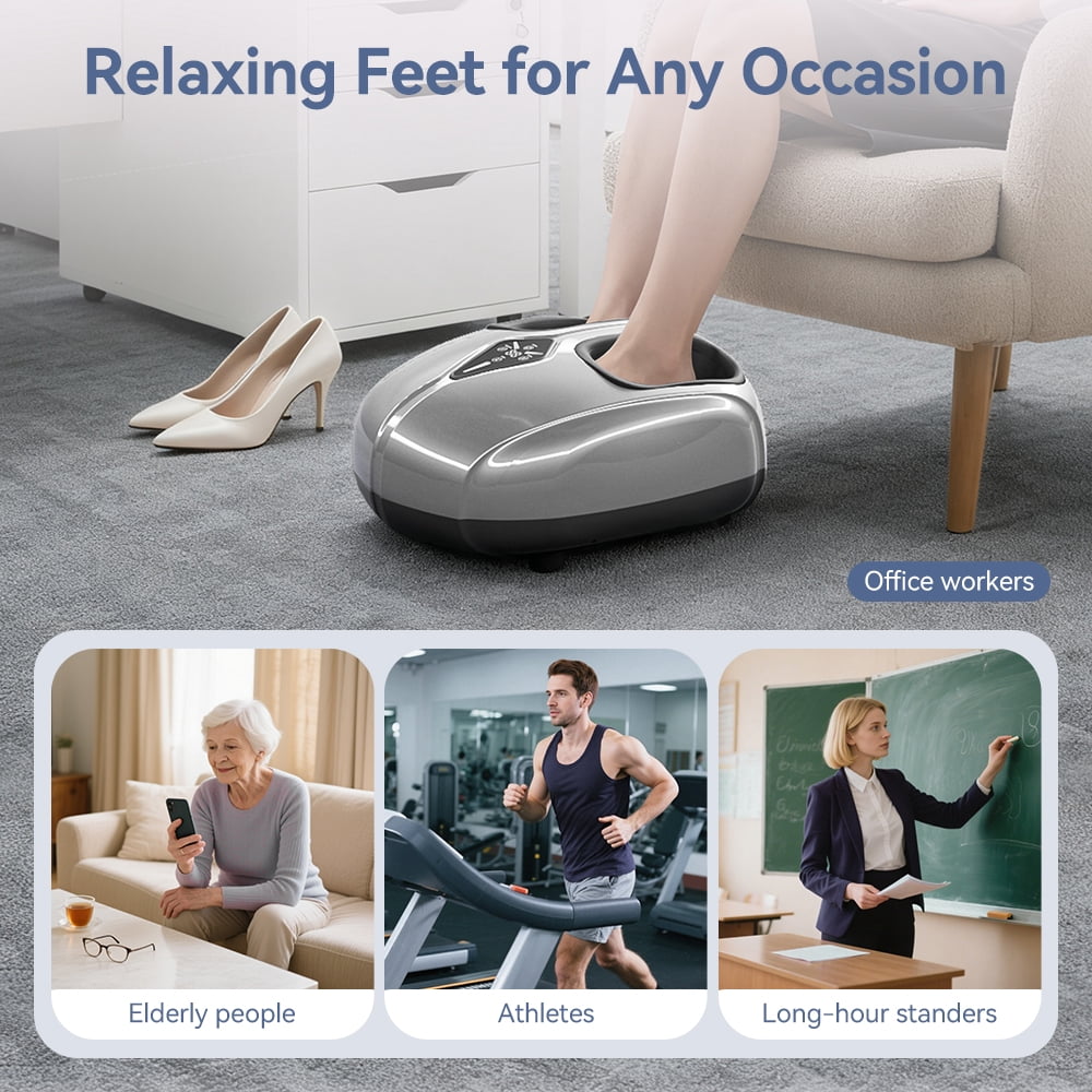 Foot Massager with Heat, Caveen Shiatsu Feet Massager Machine with 4 Modes & 5 Intensities, Auto-off Timers, Relax for Home or Office, Silver