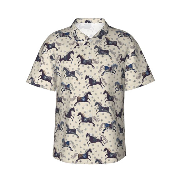 Fuzoiu Horse Print Hawaiian Shirt for Men, Summer Beach Casual Short Sleeve Button Down Shirts, Men’s Beach Summer Shirts with Pocket,