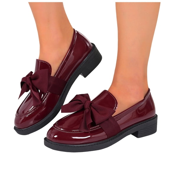 Women's Patent Leather Penny Loafers Platform Bow Elegant Round Toe Lug Sole Non Slip Chunky Heels Casual Dress Shoes for Business Work Wine Size 9