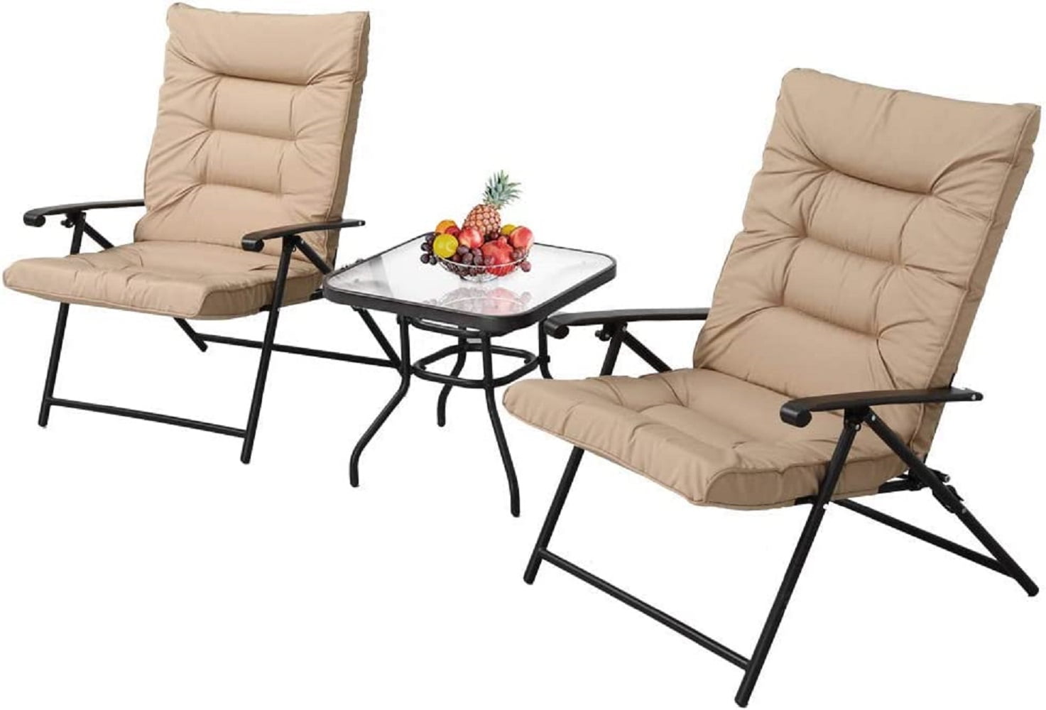 Suncrown Patio Padded Folding 3 Pieces Chair Set for 2 Adjustable Reclining Outdoor Furniture Metal Sling Chair with Coffee Table