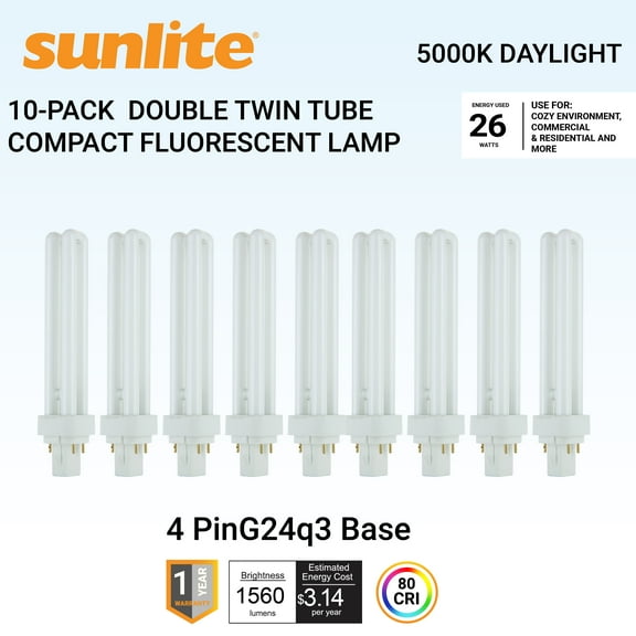 Sunlite Compact Fluorescent PLD 4 Pin Double U-Shaped Twin Tube Light Bulb, 26 Watts, 120 Volts, 4 PinG24q3 Base, 1560 Lumens, 5000K Daylight, 10 Pack