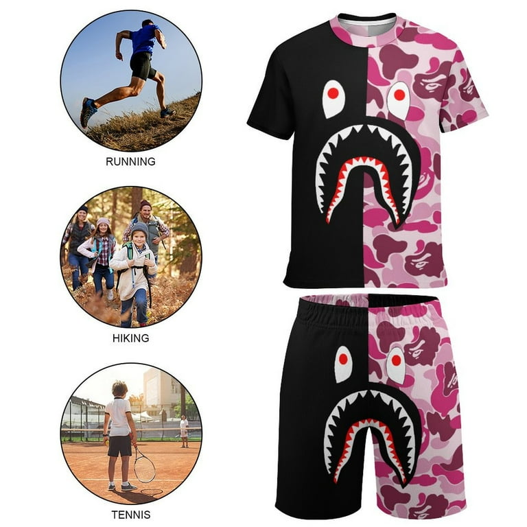 Kids Bape Shark Camo Short Sleeve T Shirt And Shorts Outfit Set Athletic Mesh Shorts Set for Boys