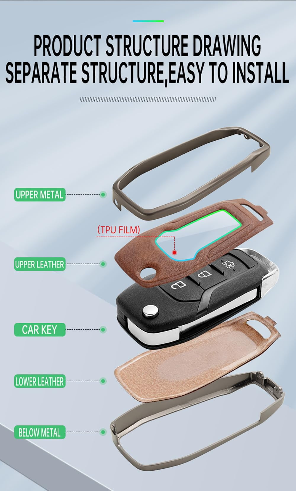 3-Button Car Key Bag Fit for Ford Flip Folding Key Remote Key Fob Cover for EcoSport Escort Explorer F-150 F-250 F-350 F-450 F-550 Super Duty Mondeo Ranger Titanium Car Accessories