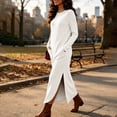 thumbnail image 6 of Ashirexll Casual Dresses for Women Winter Knit Long Sleeve Round Neck Solid Color Sweater Dress with Side Pockets and Side Slit Hem, 6 of 7
