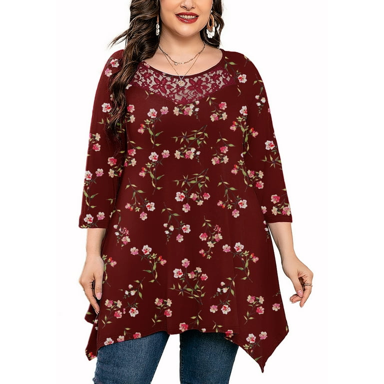 SHOWMALL Plus Size Women Top 3/4 Sleeve Clothes Purple Red 2X Blouse Swing  Tunic Crewneck Loose Clothing Shirt for Leggings