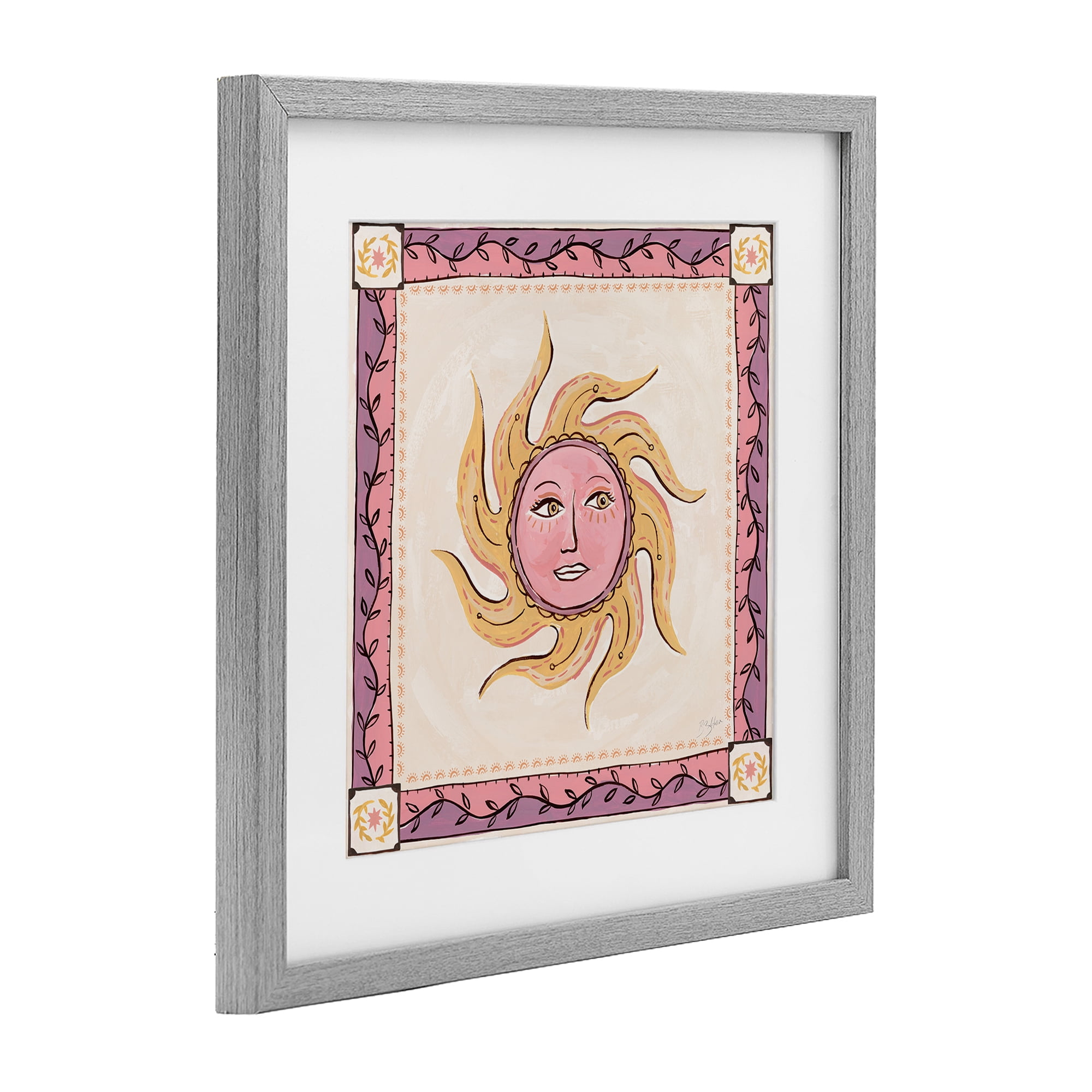 Stupell Industries Pink Sun Face with Leaf Border Gray Framed Print Under Glass, design by Two If By Sea Studios
