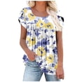 thumbnail image 2 of Tops for Women Short Sleeved Pleated Round Neck Printed Loose Loose Casual T-shirt Yellow S, 2 of 5