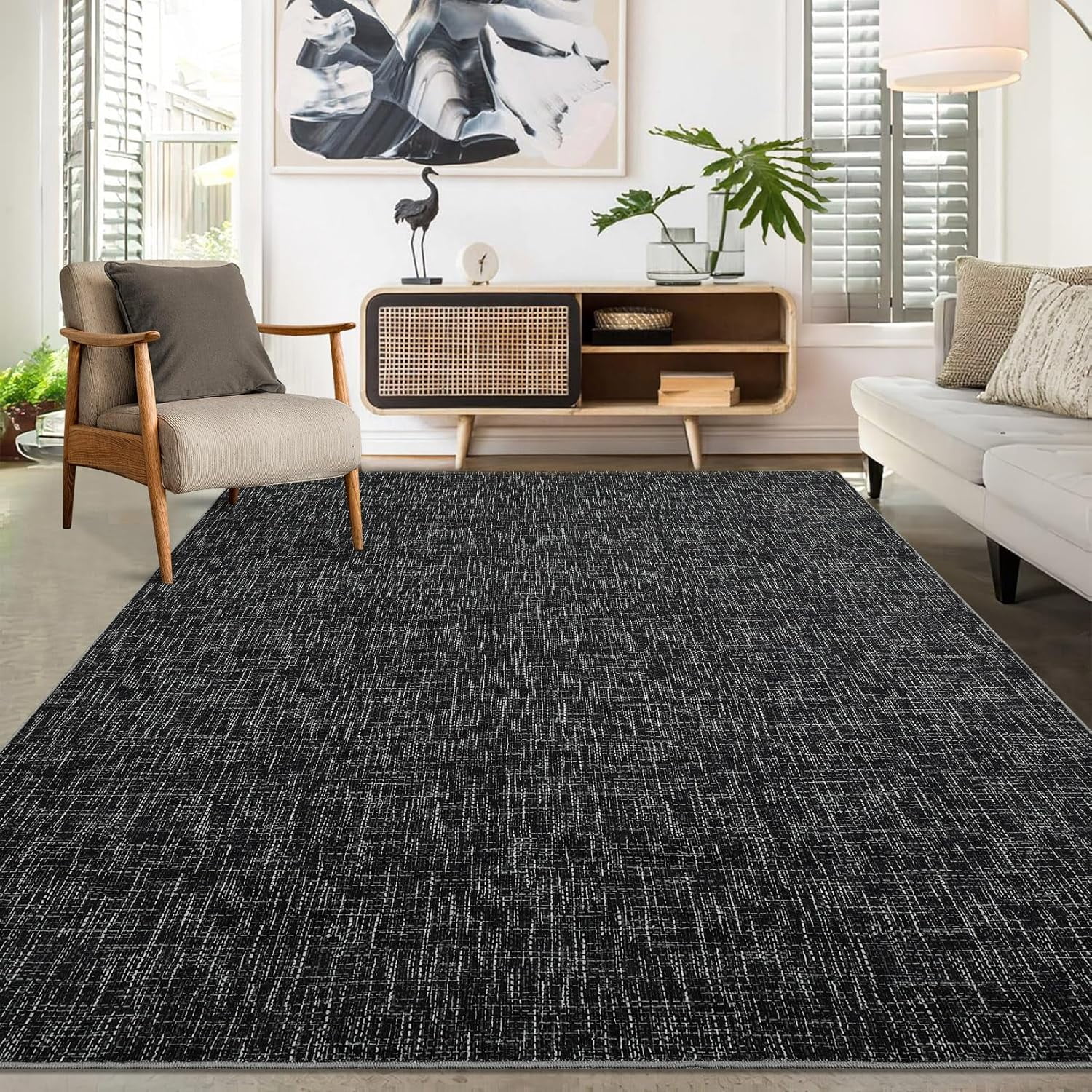 8x10 Washable Rug, Non-Slip, Modern Abstract Area Rug, Stain Resistant, Large, Contemporary Accent Throw, Floor Carpet, Dining, Home Decor, Black.