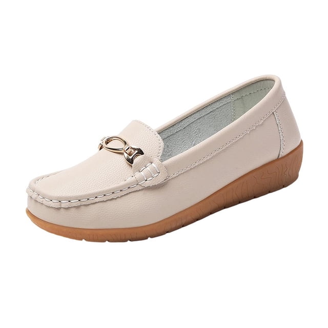Beige Ladies Flat Shoes For Spring And Summer Round Toe With Metal Buckle Slip On Design Comfortable For Daily Wear And Various Activities Size 36