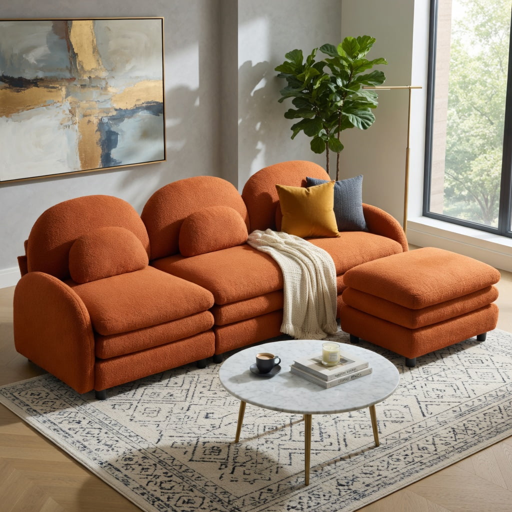 Hommoo Teddy Fleece 3-Seat Modular Sectional Sofa with Curved Backrest, Movable Ottoman & Cloud-Like Double-Layer Cushions, Orange