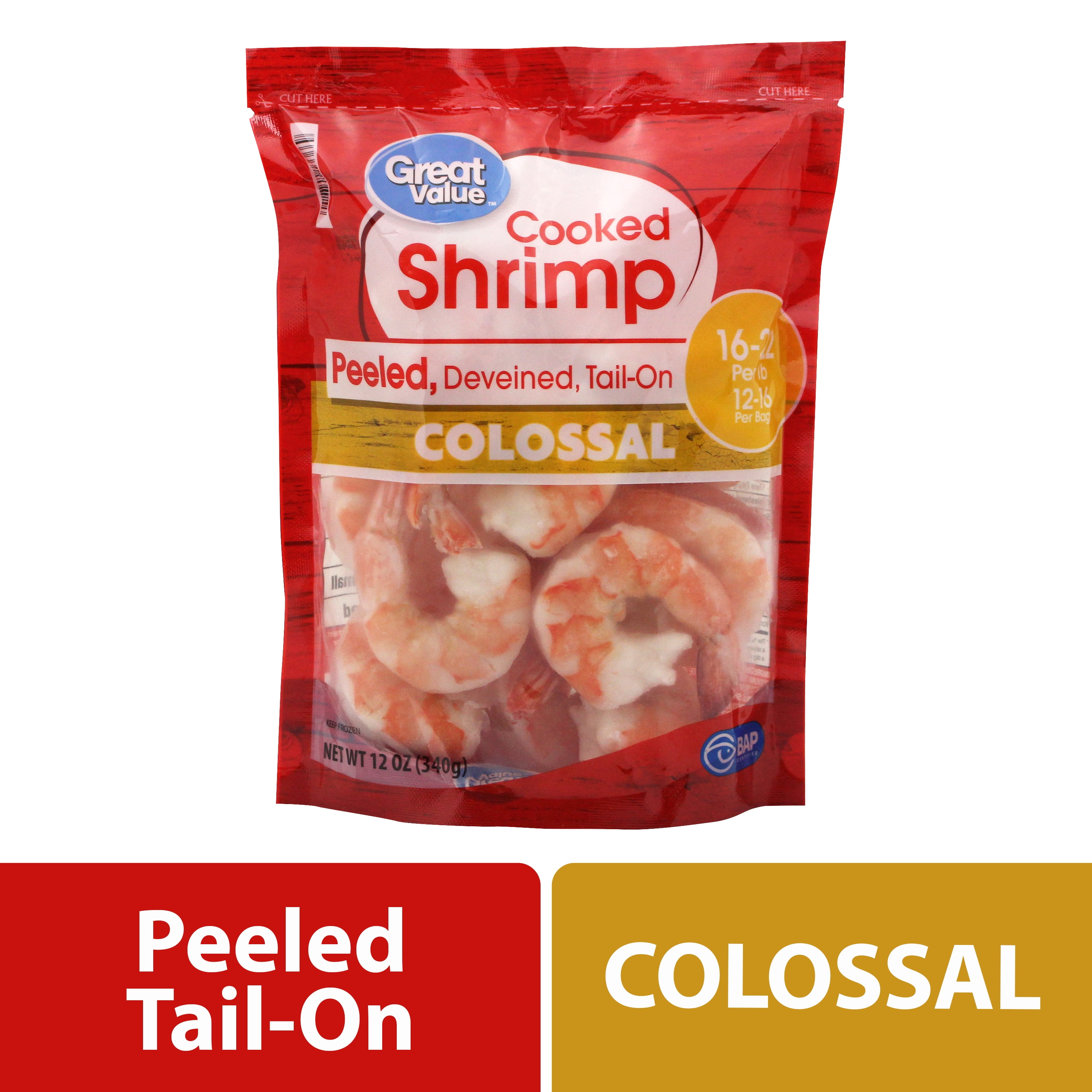 Great Value Frozen Cooked Colossal, Peeled & Deveined Tail-On Shrimp, 12 oz (16-22 Count per lb)