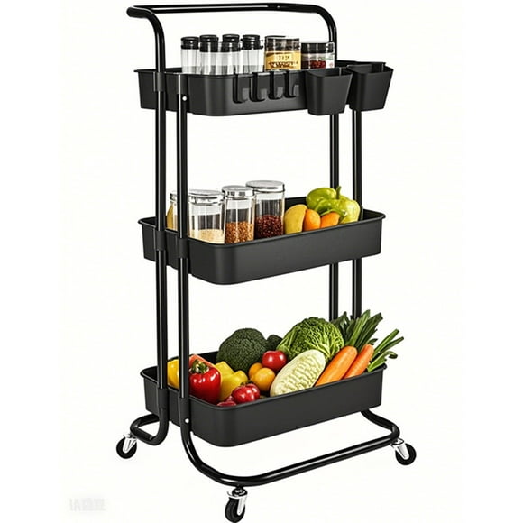 3-Tier Metal Rolling Utility Cart, Kitchen Storage Cart Trolley Cart with Extra 2 Hanging Cups and 4 Hooks