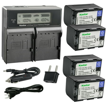 Kastar 4-Pack SSL-JVC50 Battery and CH04 LCD Dual Fast Charger Compatible with JVC GY-HM250 GY-HM250SP GY-HM600 GY-HM600E GY-HM600EC GY-HM620U GY-HM650 GY-HM650U GY-HM650SC Camera
