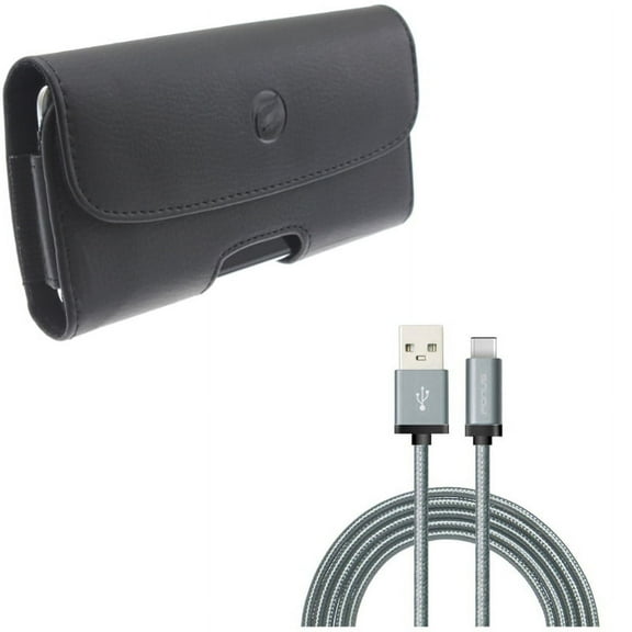 Black Leather Carry Case Side Cover Pouch w Gray Braided 6ft Long Type-C Cable Rapid Charge USB Wire Sync W5M for Alcatel 7 - Coolpad Legacy - Nokia 3.1 Plus - OnePlus 7 Pro