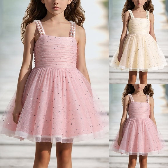 Trendfront Girls Sparkle Star Dress Mini Sleeveless Square Neck Toddler Pearl Strap Smocked Bodice Mesh Tutu Skirt Little Kids Performance Gown