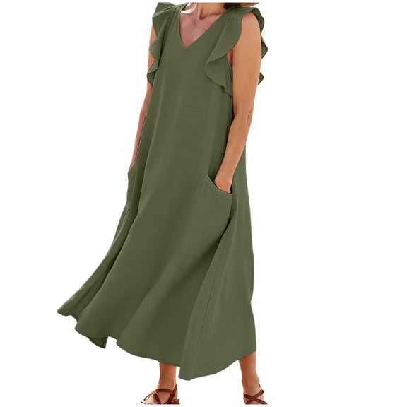 ClodeEU Women's Linen V Neck Flutter Sleeves Dress with Pockets,Solid Color Casual Loose Fit Summer Midi Dress Army Green,Women's Plus L