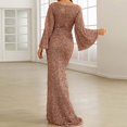 thumbnail image 4 of YMNXA Women's Dress Flared Sleeve V Neck Solid Color Sequin Evening Gown Elegant Fashion Dresses For Party Rose Gold M, 4 of 5
