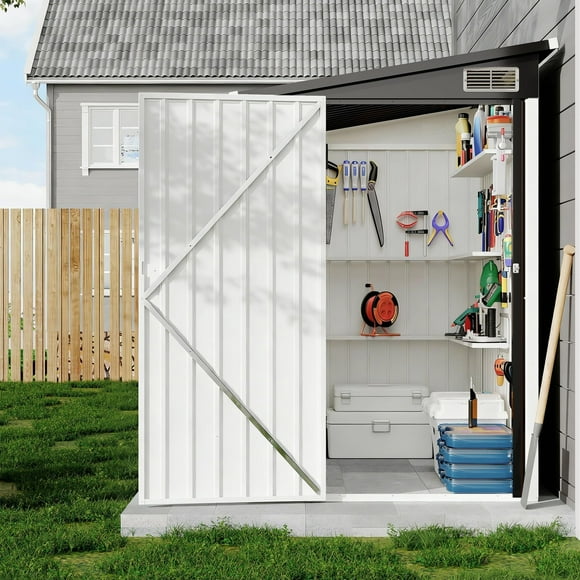 Outdoor Storage Shed – 4x8 FT Metal Lean-to Garden Shed – Utility Tool Storage House – Heavy Duty Wall Side Storage – White