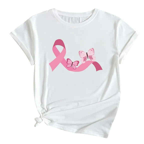Luxalzxs Pink Ribbon Shirts for Women Breast Cancer Awareness T Shirts Ribbon Butterfly Graphic Print Tee Inspirational Breast Cancer Tops