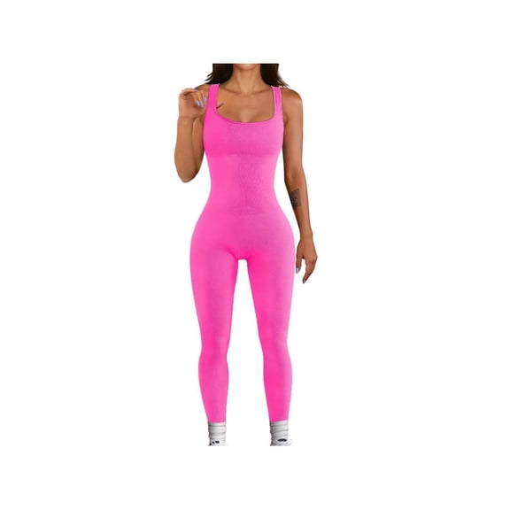 Women's Ribbed Square Neck Jumpsuit, Sleeveless One Piece Yoga Romper for Fitness, Workout and Activewear