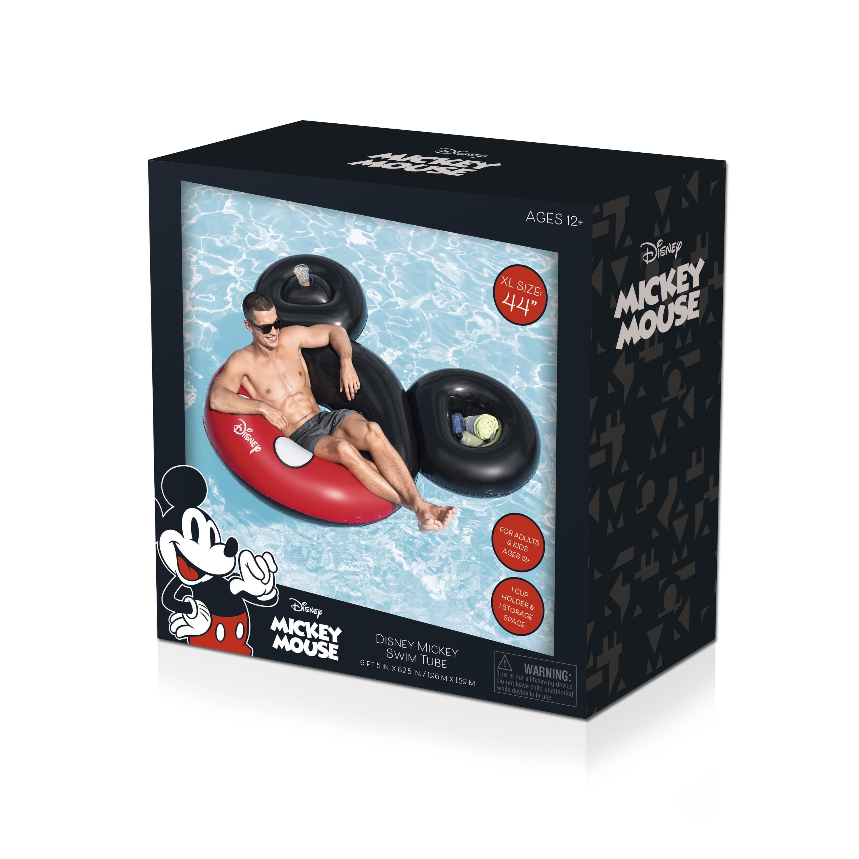 Disney Mickey Mouse Inflatable Swim Tube with Cup Holder & Storage Space, Extra Large 44’’ Dia.,  6’W X 56’’ H,  220lbs Weight Capacity, Age 12+