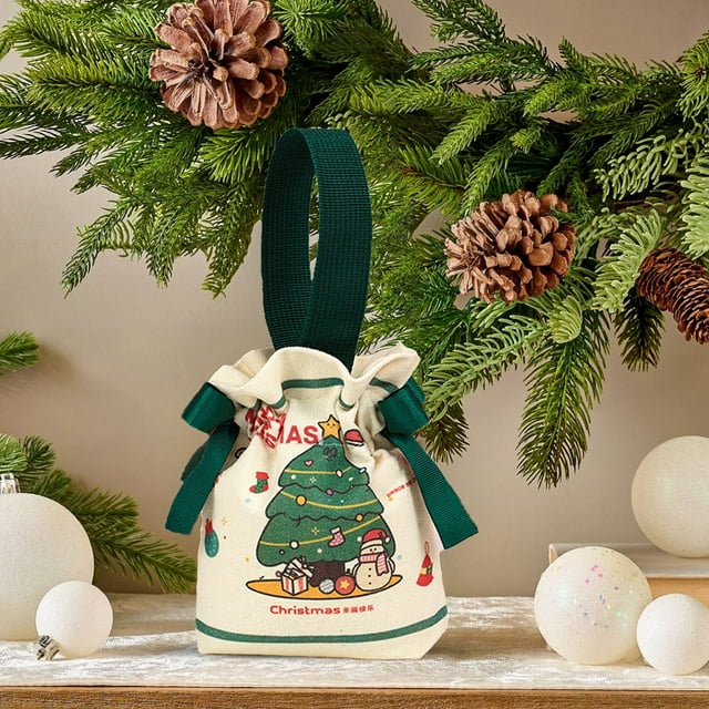 Christmas Candy Canvas Bag Christmas Eve Party Apples Drawstring Handbag Christmas Gift Bag