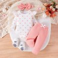 thumbnail image 2 of XUELUO Baby Girls Outfit Sets Summer Dots Print Crew Neck Long Sleeve Ribbed Rompers Bodysuitand Solid Color Pants Headbands Three Piece Holiday Wear,Pink,12-18 Months, 2 of 7