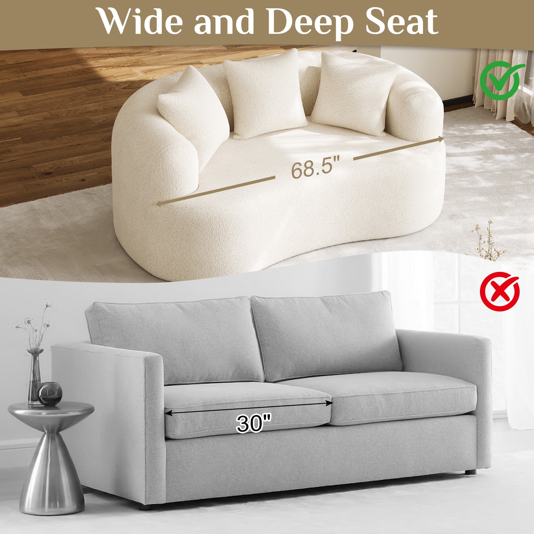 Wiilayok 68.5" Modern Chenille Sofa,Curved Sofa with Deep Seat,Cloud Compression Sofa Couch for Living Room,No Assembly,Beige