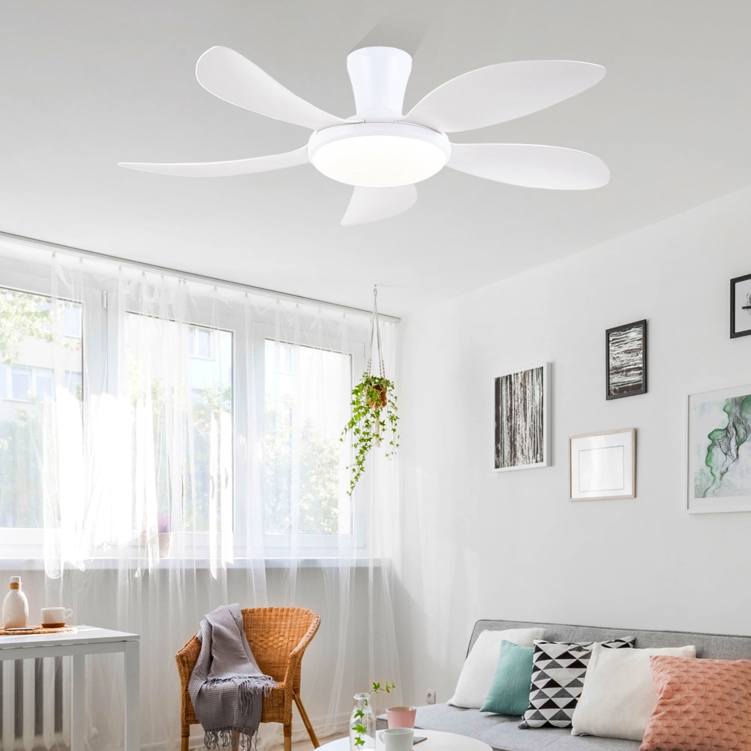 PHORUS 48" White Low Profile Ceiling Fan with Light and Remote, Dimmable 3-Color LED, 6-Speed Quiet Reversible DC Motor, APP Control, Energy-Efficient Indoor/Outdoor Ceiling Fan