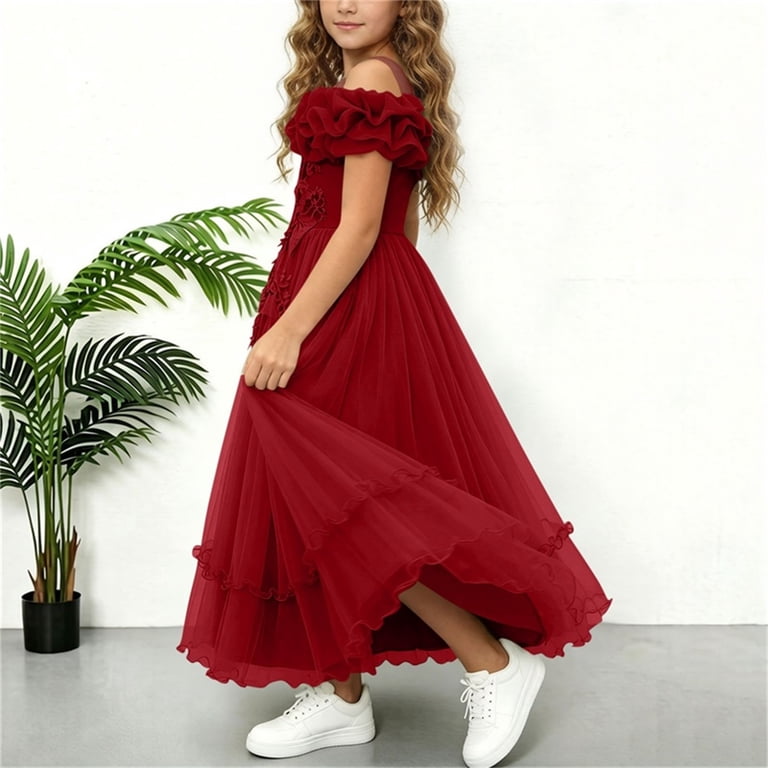Mgdxox Girls Off Shoulder Tulle Dress with Ruffled Neckline and Floral Embroidery Formal Evening Dress for Special Events Red 11-12Years, Infant