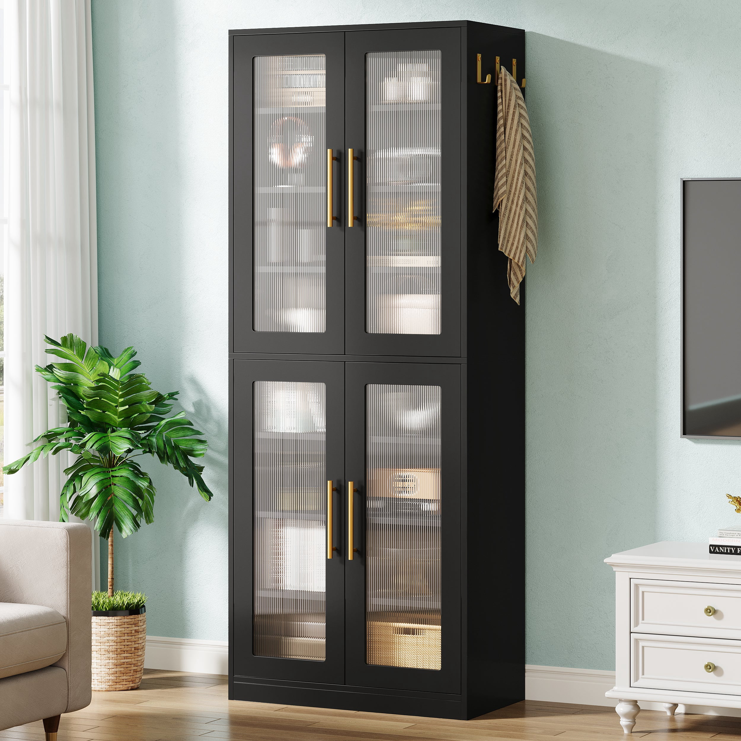 Fnova 66.93" Bookcase with Doors, 8 Tier Storage Cabinet with LED Lights for Living Room, Bedroom, Study, Black