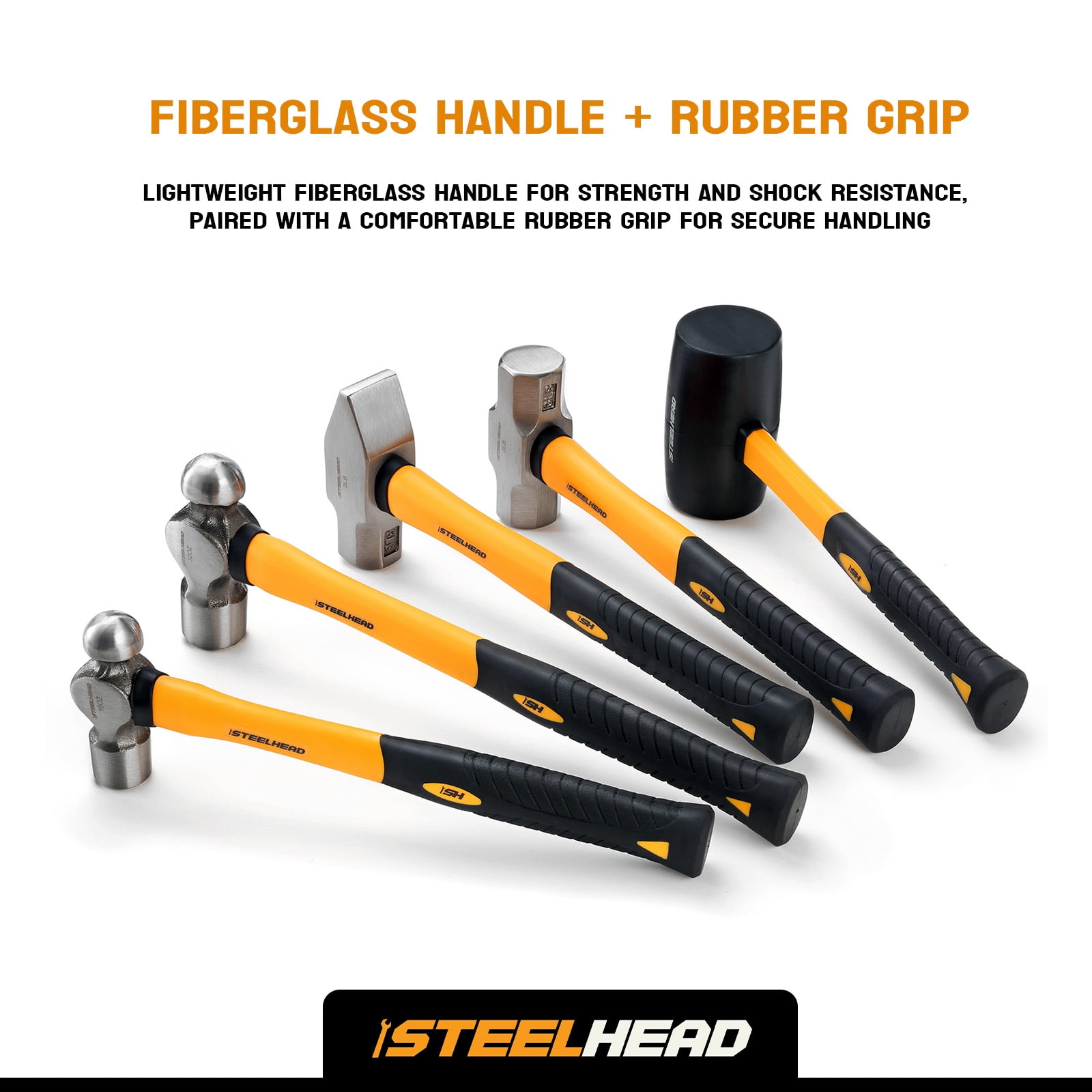 STEELHEAD 5-Piece Fiberglass Handle Hammer & Mallet Set, 16oz Ball-Peen Hammer, 32oz Ball-Pein Hammer, 32oz Rubber Mallet, 3lb Sledge Hammer, 3lb Cross-Pain Hammer