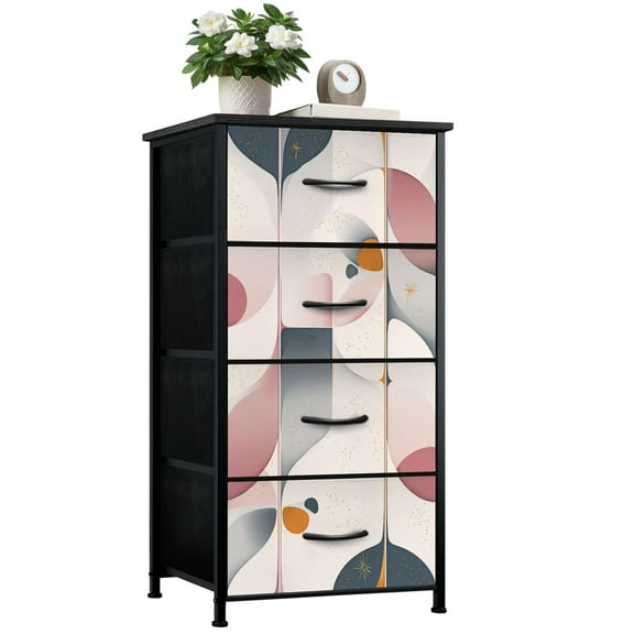 Dresser for Bedroom with 4 Storage Drawers Mid Century Vintage 1950s Modern Retro Atomic Symmetrical Starbursts Dressers Chest of Drawers Steel Framed Fabric Closet Organizers for Entryway
