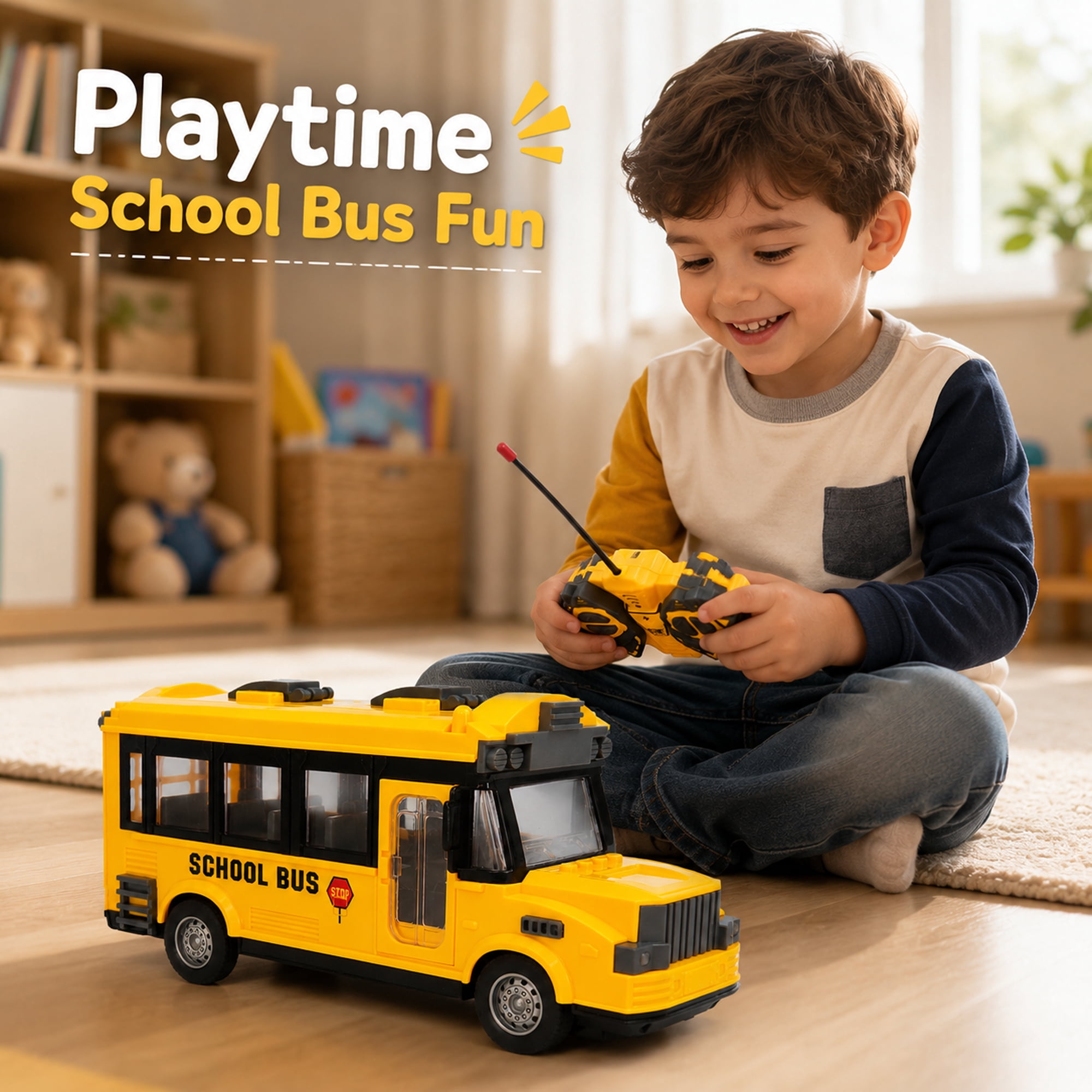 School Bus Toy with Remote Controller, Classic Yellow Bus Vehicle with Opening Door, City Bus Toy for Kids Ages 3+